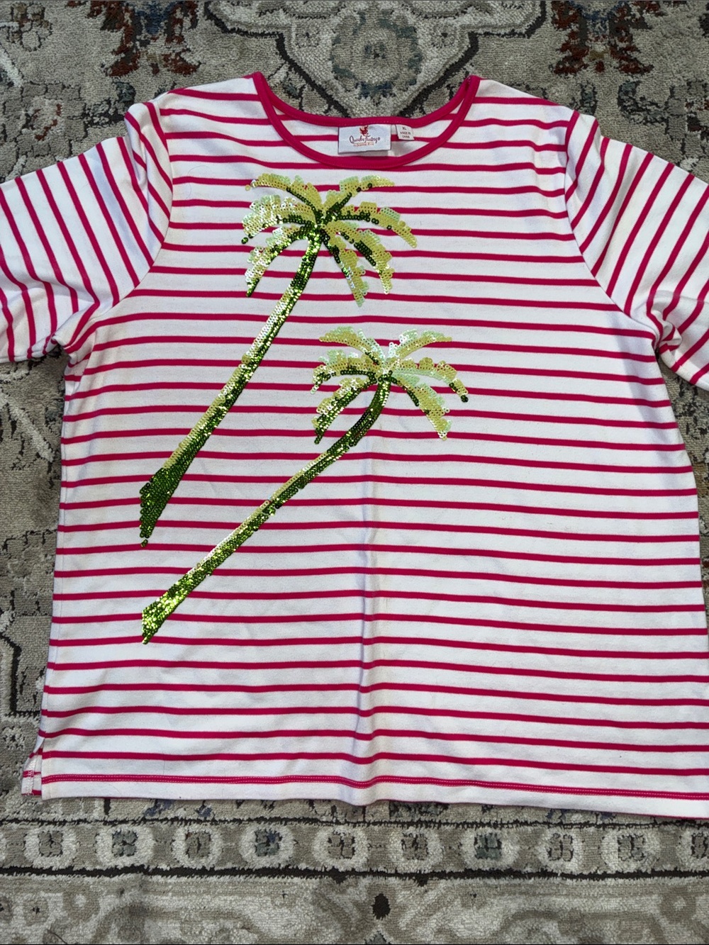 Quacker Factory Sequins Palm Tree Striped Tee - Picture 3 of 6